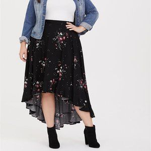NWOT Black floral HI-LO Challis Skirt